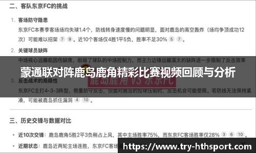 蒙通联对阵鹿岛鹿角精彩比赛视频回顾与分析